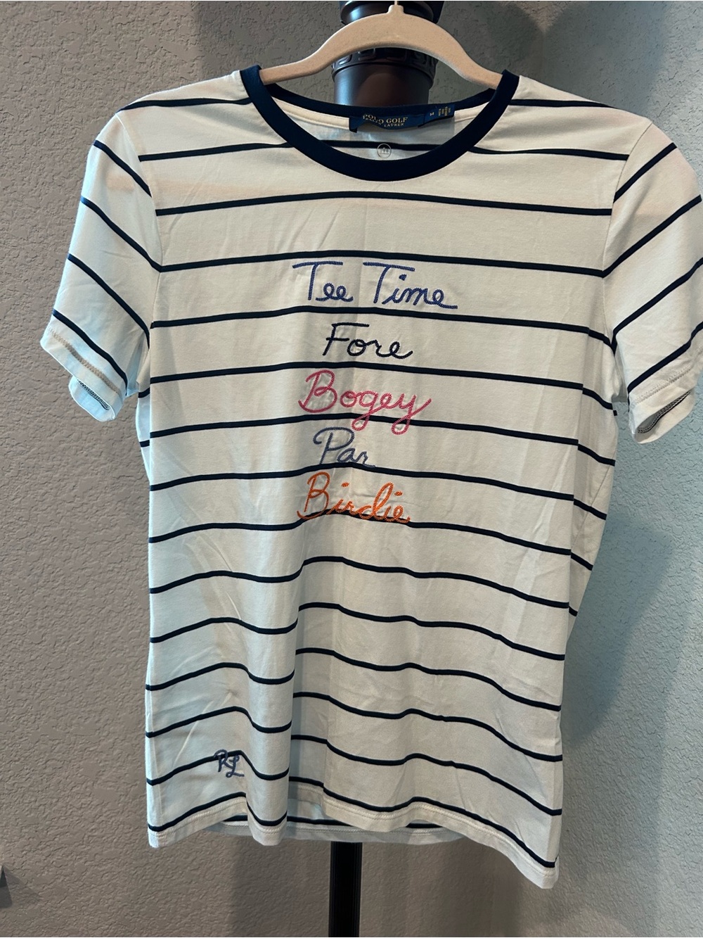 Polo Golf- Women’s Striped Tee Time Embroidered Golf Graphic Tee - Navy & White